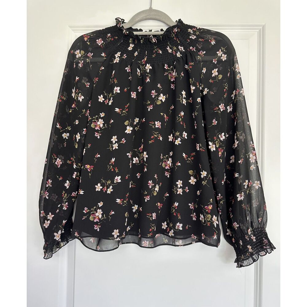 Madewell Women's Small Black Floral Smocked Ruffle Neck Sheer Sleeve Blouse